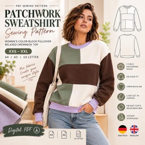 Peut inclure: Un patron de couture PDF pour un sweat-shirt color block avec un col rond, des manches longues montées, des poignets et un ourlet en bord-côte. Le devant est composé de 7 pièces en patchwork vert olive, marron foncé et crème.