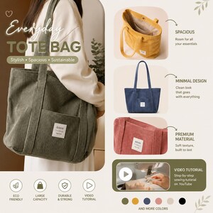 May include: A corduroy tote bag in olive green, yellow, navy blue, and pink, featuring a rectangular patch with the text GOOD THINGS take time. The bag has two shoulder straps, an exterior pocket, and a spacious interior compartment.