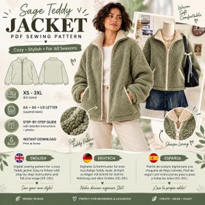 Peut inclure: Un patron de couture numérique PDF pour une veste teddy vert sauge. L'image présente le texte du patron, des croquis techniques et une personne portant le vêtement fini. Inclut un col montant, une fermeture éclair et une doublure sherpa.