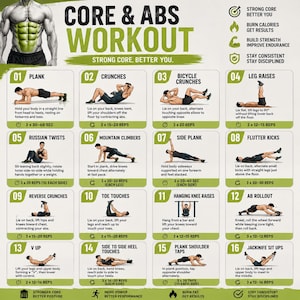 Peut inclure: Un tableau d'entraînement Core & Abs présentant seize illustrations d'exercices numérotées avec des instructions et des répétitions. L'affiche inclut une figure centrale montrant les abdominaux et des icônes pour la force et l'endurance.