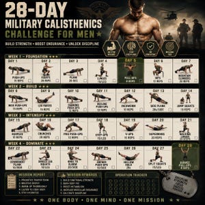 Peut inclure: Un tableau de défi de callisthénie militaire de 28 jours présentant un programme d'exercices quotidien avec des illustrations de pompes, squats, planches, fentes, tractions et autres mouvements. L'affiche inclut des récompenses et un suivi.
