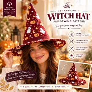 ハロウィン魔女の帽子のPDF型紙｜高い尖ったクラウン、広いつば、取り外し可能なバンドが付いたコスプレ衣装用帽子　DIY魔女衣装アクセサリー