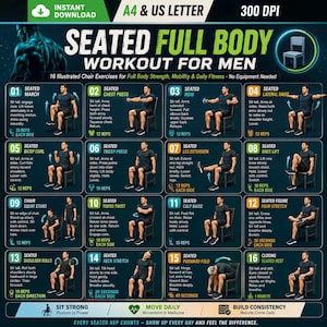Peut inclure: Un tableau d'exercices numériques intitulé SEATED FULL BODY WORKOUT FOR MEN présentant 16 illustrations numérotées d'exercices sur chaise. L'affiche comprend des instructions textuelles, le nombre de répétitions et des icônes de fitness.