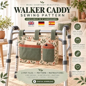 May include: A walker caddy sewing pattern digital download featuring a beige fabric with a green and orange leaf print. The caddy has two olive green pockets with orange trim, attached to a metal walker frame with three olive green fabric straps.