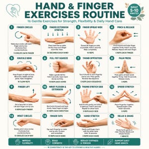 Peut inclure: Un tableau d'instructions intitulé HAND & FINGER EXERCISES ROUTINE présentant 16 panneaux numérotés avec des illustrations de mouvements de la main. Chaque panneau inclut des instructions textuelles pour des exercices comme les cercles de doigts.