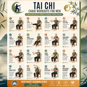 Peut inclure: Un tableau d'exercices de Tai Chi sur chaise présentant 16 illustrations numérotées d'une personne effectuant des mouvements assis. L'affiche inclut des instructions textuelles pour l'équilibre, la souplesse et la force, avec un symbole yin-yang.