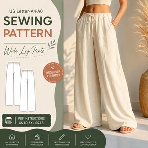 May include: A digital sewing pattern for wide leg pants, featuring text US Letter-A4-A0, SEWING PATTERN, Wide Leg Pants, BEGINNER FRIENDLY, and PDF INSTRUCTIONS XS TO 5XL SIZES. The image displays a pair of off-white, high-waisted, wide leg pants.