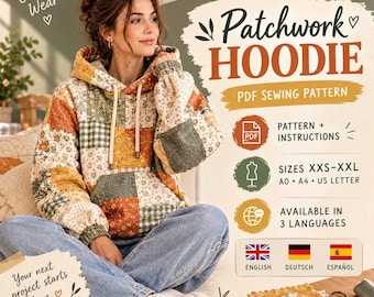Patchwork Hoodie Sewing Pattern PDF, Oversized Quilted Pullover with Crossover Hood & Zip Pockets, Women's DIY Hoodie XXS–XxL
