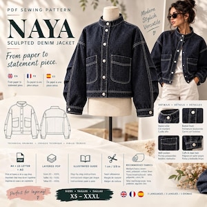 May include: A dark blue denim jacket with a stand collar, button front, and two front welt pockets. The jacket features long sleeves with cuffs and visible stitching. The text NAYA SCULPTED DENIM JACKET is displayed alongside technical drawings and sewing pattern details.