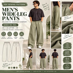 May include: A PDF sewing pattern for wide-leg pants with a relaxed fit, available in sizes XS-XXL. The design features an elastic waistband and a soft, durable fabric. Includes A4, US Letter, and A0 file formats with step-by-step instructions.