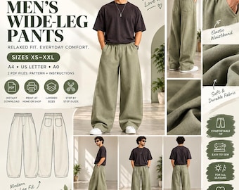 Patrón de costura en PDF para pantalones de pierna ancha para hombre, pantalones con cintura elástica, pantalones de corte relajado, pantalones de lino, tallas XS–XXL, tamaños A4 y A0 (tamaño carta estadounidense).