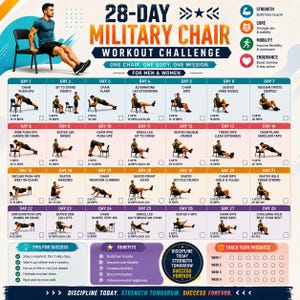 Op de afbeelding: Een 28-daagse militaire stoel workout uitdaging met een dagelijks oefenschema, illustraties, aantal sets en herhalingsdoelen. De grafiek bevat secties voor voordelen, succes tips en een voortgangstracker voor vier weken.