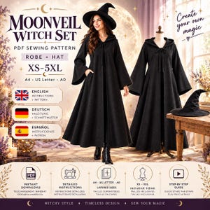 Hooded Witch Robe & Hat Sewing Pattern PDF, Bell Sleeves, Halloween Costume, XS-5XL