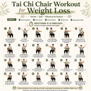 Peut inclure: Un tableau pédagogique intitulé Tai Chi Chair Workout for Weight Loss présentant vingt-quatre illustrations numérotées d'une personne effectuant des exercices assis. Le guide inclut des descriptions textuelles pour chaque mouvement et des conseils.