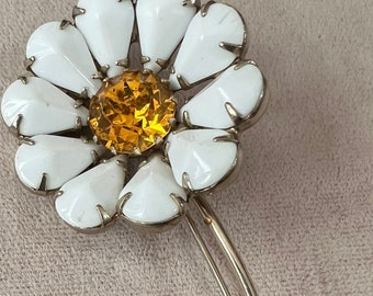 60s Vintage RHINESTONE FLOWER BROOCH Daisy Flower Pin Milkglass Rhinestones Topaz Center Olivine Rhinestone  Navettes