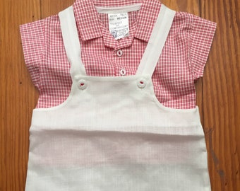 1960s Vintage BABY OUTFIT Two Piece BOY'S Outfit Red Plaid Shirt White Suspender Shorts Perfect Knit Togs Size Medium New Old Stock