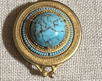 1960s Vintage FLORENZA PILL CASE Faux Turquoise Glass Cabochon Textured Gold Plate Tiny Seed Beads Vintage Designer Pill Box