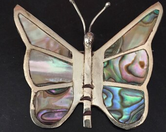 Vintage BUTTERFLY & STERLING Silver Brooch Sterling and ABALONE Butterfly Pin Silver Butterfly Pin Vintage Silver Brooch Made in Mexico