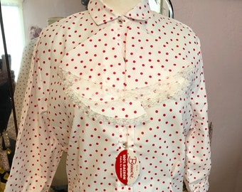 1950s Vintage Woman's POLKA DOT Blouse by Jack Daniels New Old Stock Never Worn w/ Original Tag Made of 100% Dacron Lace Trim Movie Costume