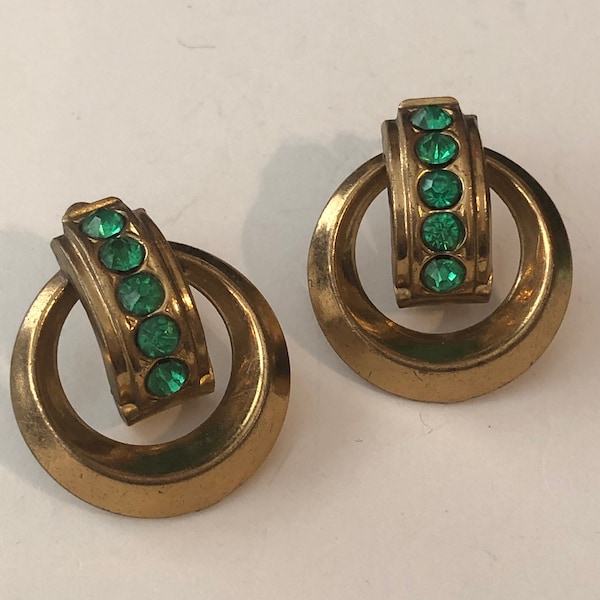ART DECO Era CORO Earrings Screw Back Earrings Coro in Script Signature 1920s/30s Vintage Earrings Gold Plate and Green Rhinestones