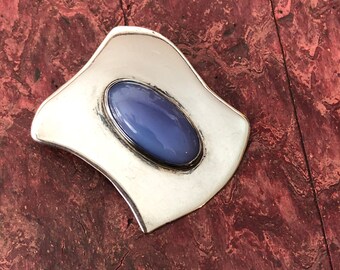 Vintage Handcrafted SILVER Brooch Blue Stone Looks Like CHALCEDONY Mid Century Silver Pin Modern Eames Era