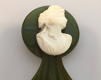 1930s Vintage BAKELITE CLIP Dress Clip Cameo Clip 30s Vintage Green Bakelite White Cameo Vintage Dress Clip Movie Prop Costume Accessory