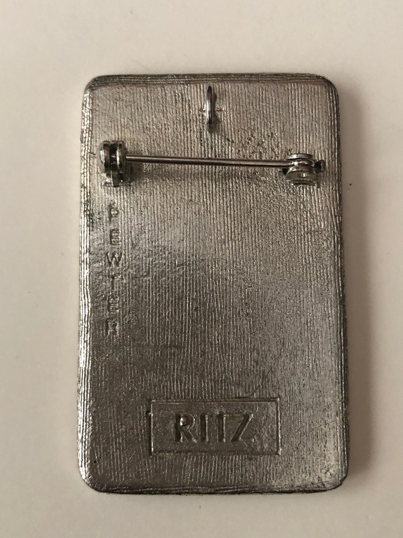 1975 Vintage CHARLES of the RITZ Art Deco Ritz LADY Brooch Black Enamel and Pewter Also a Pendant Promotional Item for Revenescence image 2