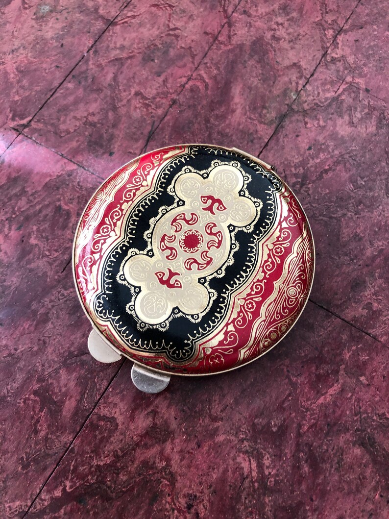 Vintage FLORENTINE Leather COMPACT Powder Compact Loose Power Compact Italian Leather Compact Embossed Gold Gilt Design
