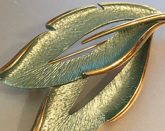 1960s Vintage Stylized LEAF BROOCH Enamel & Gold Plated Leaf Pin Two Leaves Textured Gold Plate and Enamel Old Store Stock NOS