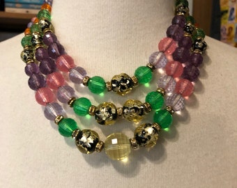 1960s Vintage Faceted Lucite Necklace Multi-Colored LUCITE & FOIL GLASS Beaded Necklace Triple Strand Bead Necklace Rhinestone Rondelles