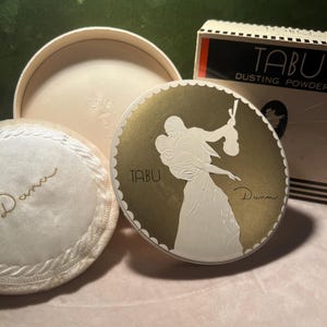 1950s Vintage TABU DUSTING POWDER in Original Box and Never Used Violinist and a Woman Gold & White w/ Black Accents Silhouette