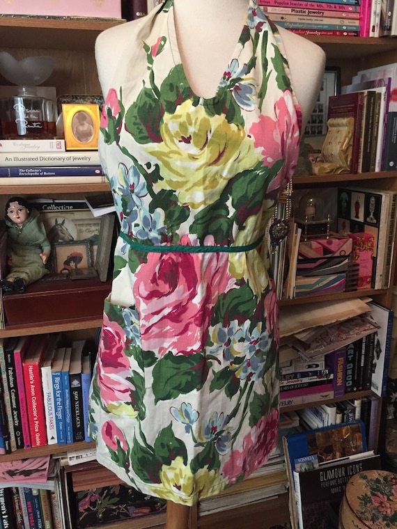 1940s Vintage BARKCLOTH APRON Floral Apron Full Ap