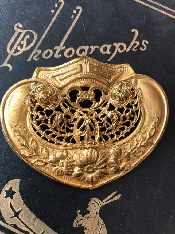 1900s Vintage SASH PIN Gilded Brass Sash Brooch OPENWORK Design C