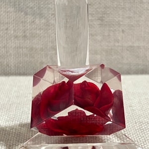 May include: A clear, faceted perfume bottle with a rectangular base and a tall, cylindrical stopper. The bottle's interior is filled with vibrant red rose petals, creating a striking contrast against the transparent glass. The stopper has a red tip.
