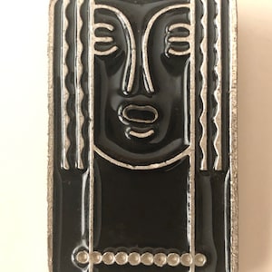 1975 Vintage CHARLES of the RITZ Art Deco Ritz LADY Brooch Black Enamel and Pewter Also a Pendant Promotional Item for Revenescence image 1