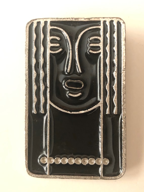1975 Vintage CHARLES of the RITZ Art Deco Ritz LADY Brooch Black Enamel and Pewter Also a Pendant Promotional Item for Revenescence