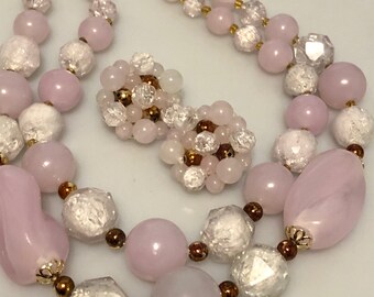1960s Vintage Beaded Necklace & Clip On Earring Set, Germany, Light Purple