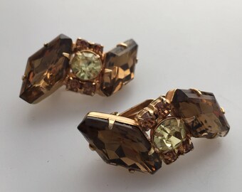 1950s Rhinestone Clip On Earrings: Topaz & Citrine Glass, Goldtone