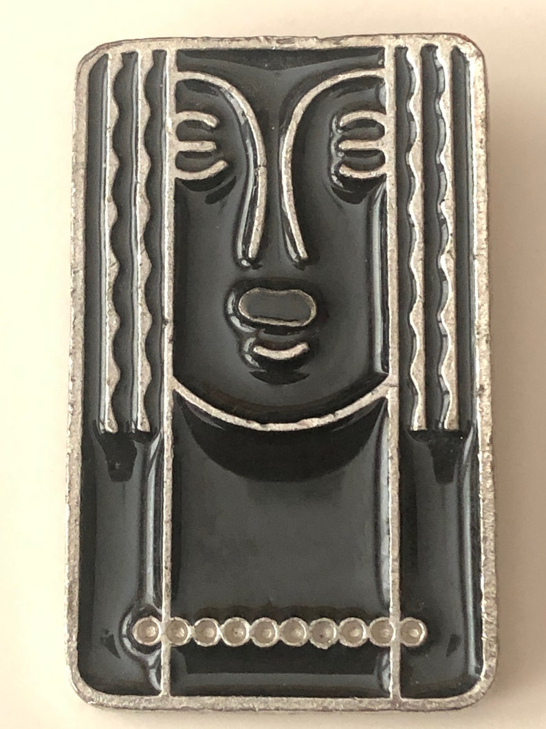 1975 Vintage CHARLES of the RITZ Art Deco Ritz LADY Brooch Black Enamel and Pewter Also a Pendant Promotional Item for Revenescence image 5