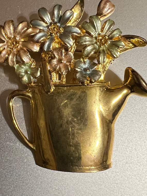 Vintage Gold Plated WATERING CAN with FLOWERS So D