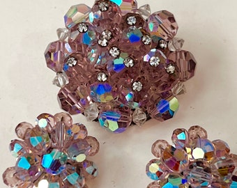 Gorgeous Lavender Aurora Borealis CRYSTAL & Rhinestone Brooch and Clip-on Earrings in Silvertone Metal DOMED Brooch Cluster Earrings