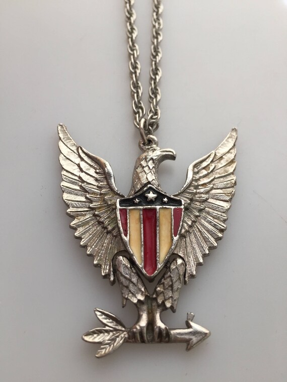 1970s Vintage Patriotic Necklace Eagle Pendant Red - Eagle Flag Pendant Necklace