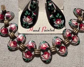 40s Vintage HAND PAINTED Bracelet and Screw Back Earrings Shabby Chic Cottage Core
