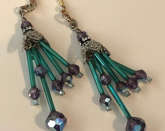 1980s Vintage Handmade AUSTRIAN CRYSTAL Pierced Earrings Dangle Earrings Amethyst & Turquoise GLASS Beads and Rhinestones