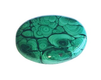May include: A polished, oval-shaped malachite stone featuring a vibrant green surface with intricate, concentric circular patterns and dark, swirling bands that create a natural, layered appearance across the entire smooth, rounded gemstone.