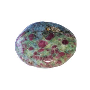 May include: A polished, rounded gemstone featuring a mottled surface with vibrant magenta-red inclusions embedded within a matrix of light blue and pale green mineral deposits, showcasing a smooth, glossy texture and irregular circular shape.
