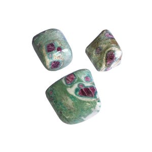 May include: Three polished tumbled stones featuring a smooth, mottled surface with a mix of vibrant green and deep magenta-red inclusions. Each stone displays a unique, irregular shape with rounded edges and a glossy, reflective finish throughout.