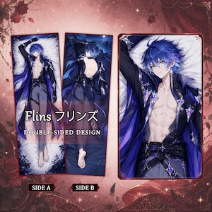 May include: A double-sided body pillow cover featuring an anime-style character with blue hair and a dark blue outfit. Side A shows the character from the front, while Side B shows the back. The text reads Flins フリンズ DOUBLE-SIDED DESIGN.