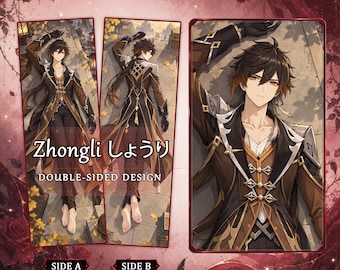 May include: A double-sided rectangular body pillow cover featuring an anime character named Zhongli. The design displays the character in a brown and black outfit with gold accents, shown from both front and back views, with the text Zhongli and DOUBLE-SIDED DESIGN printed on the front.