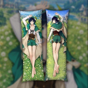 May include: A rectangular body pillow case featuring a printed illustration of a character with dark braided hair wearing a green and white outfit. The character is depicted lying in a field of white flowers with a landscape background on both sides.